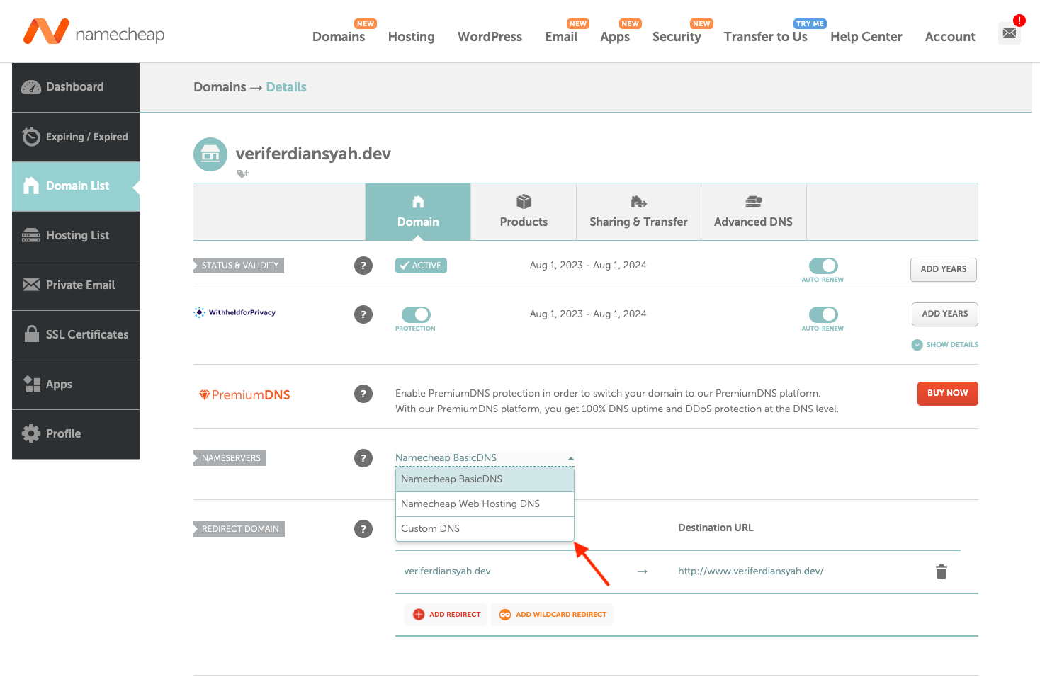 Namecheap Manage Domain